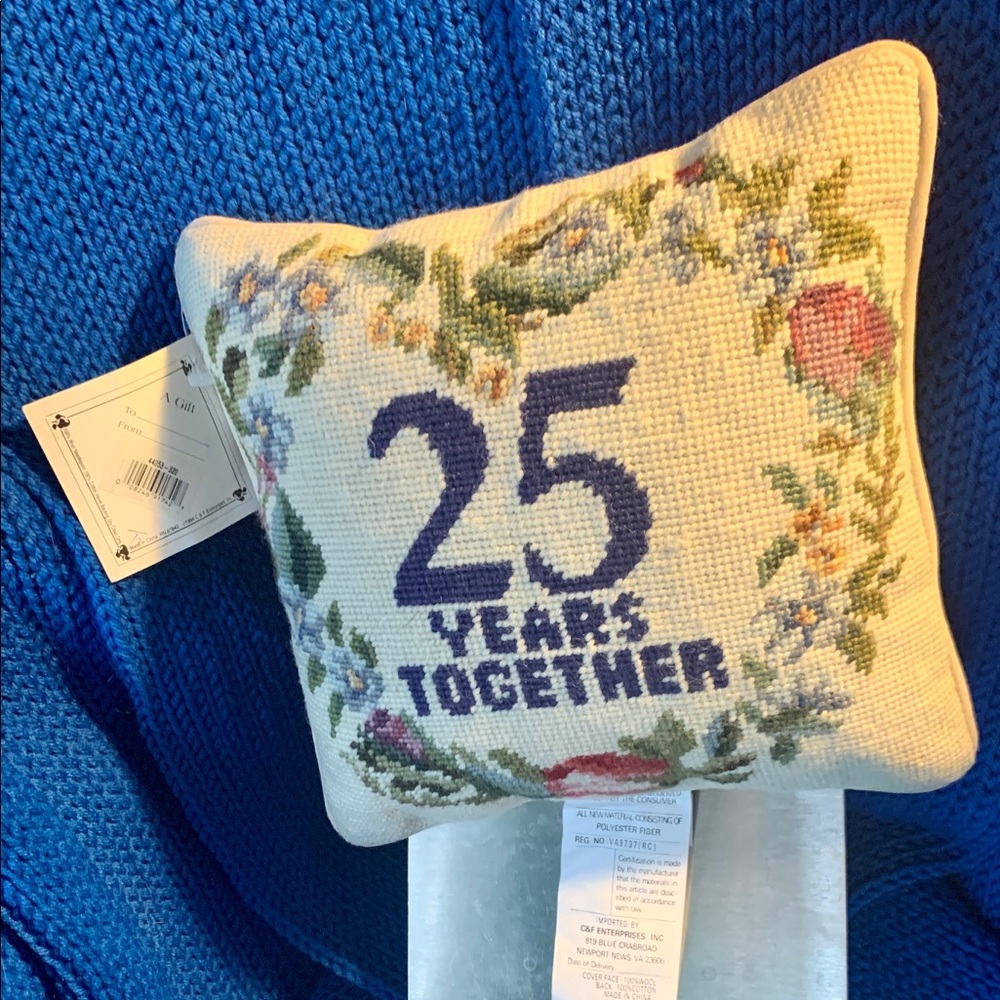 New Needlepoint 8x8” 25 Yr Anniversary Pillow